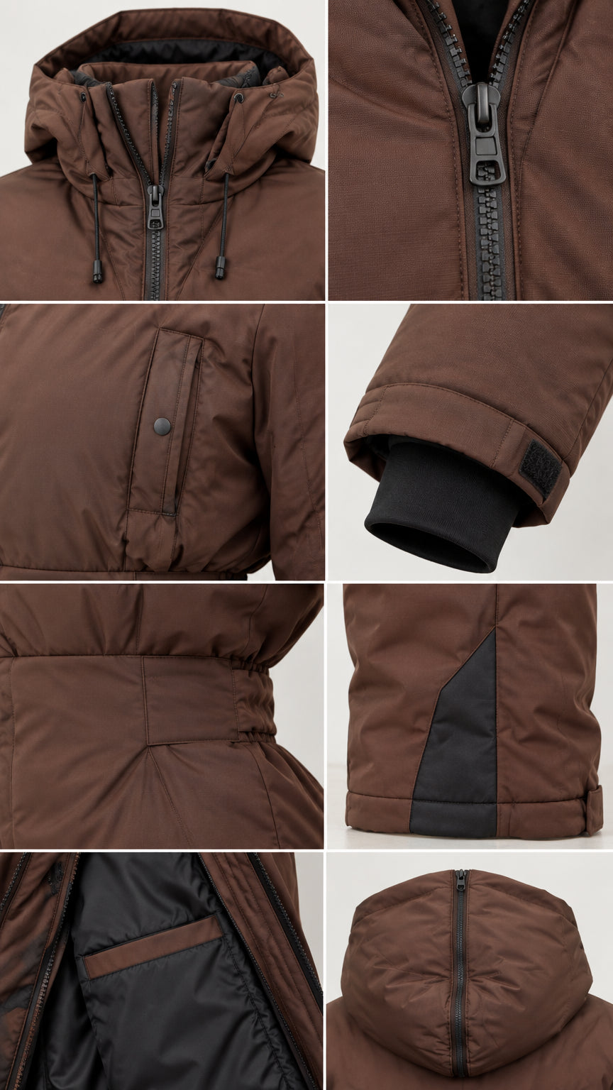 Close-up details of chocolate brown ski suit showing hood, zipper, pockets, and cuffs