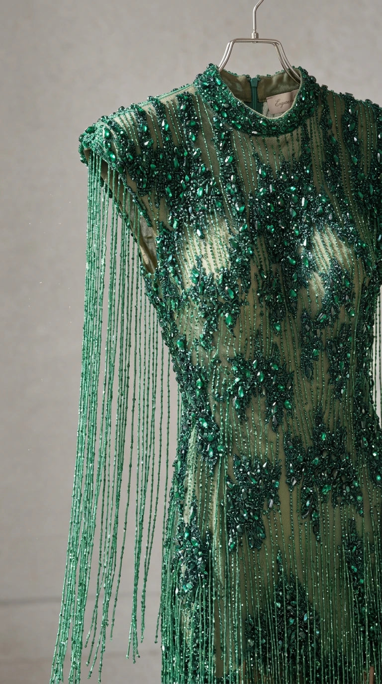 Close-up detail of green beaded fringe, high neckline, and delicate sequin craftsmanship