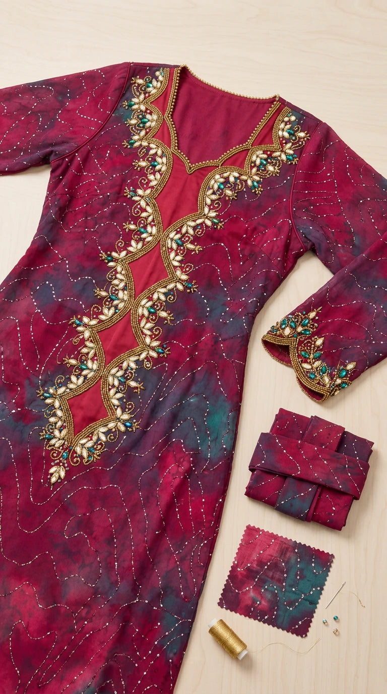 Close-up flat lay of Burgundy fabric showing detailed embroidery and beadwork