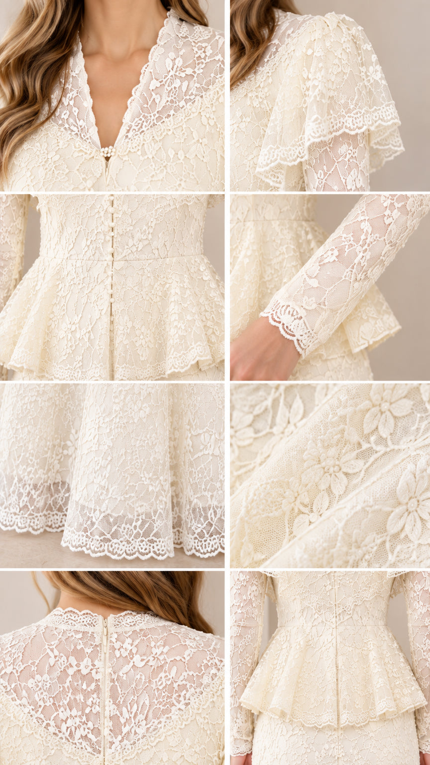 Detailed close-up collage of neckline, lace fabric, peplum waist, and scalloped hem