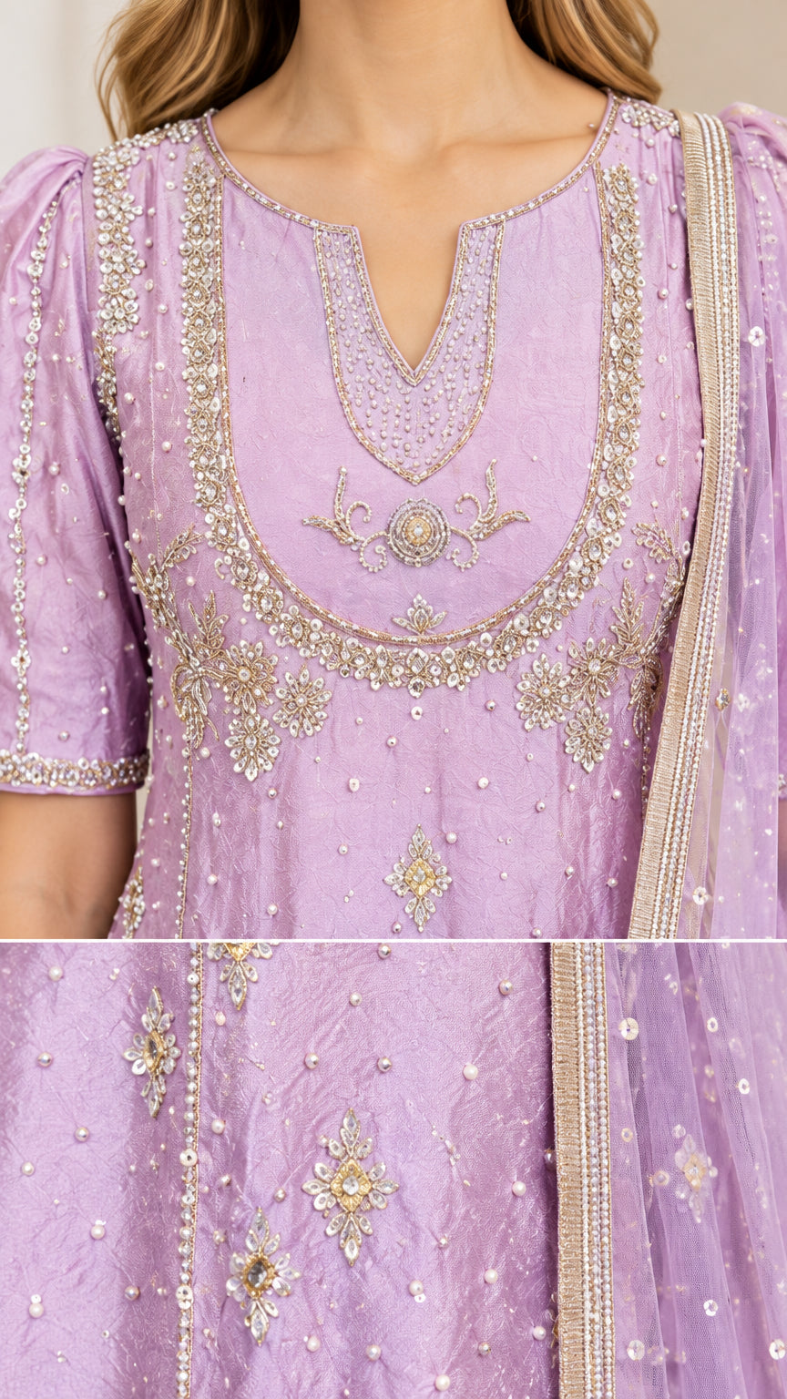 Close-up of intricate sequin, pearl, and bead embroidery on notched neckline