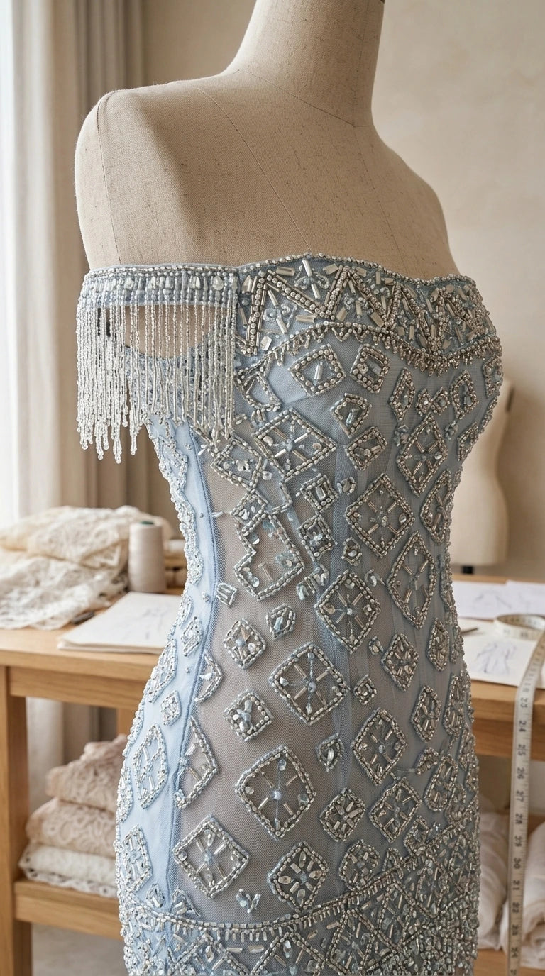 Close-up detail of geometric beadwork and fringe shoulder trim on light blue gown