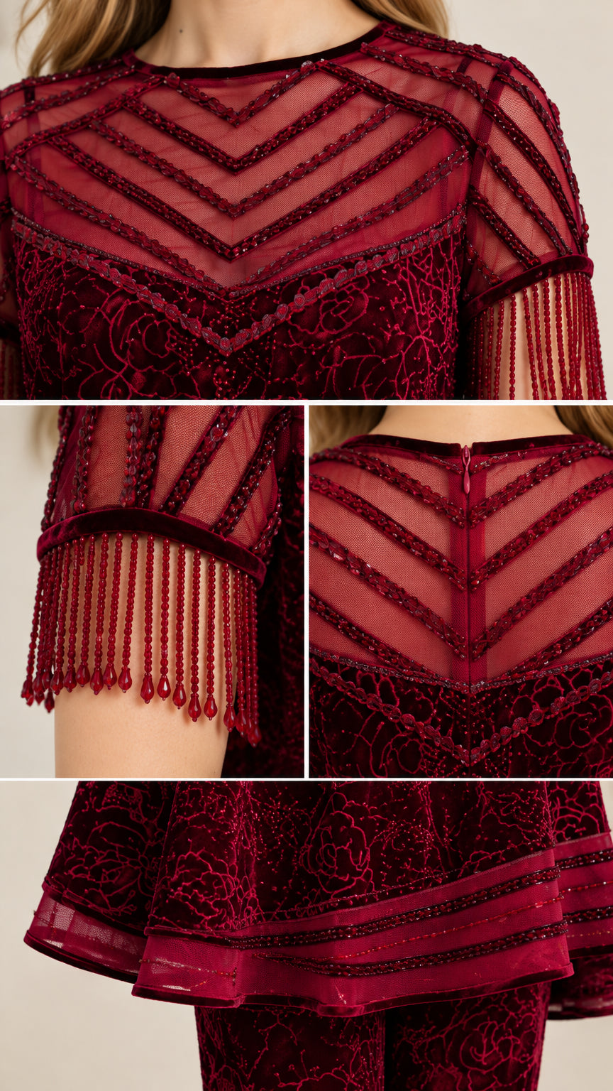 Close-up details of beaded chevron neckline, tassel fringe sleeves, and velvet fabric