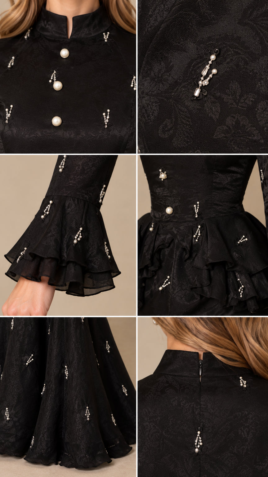Close-up details of pearl buttons, bead embellishment, flared cuff, peplum waist, and high collar