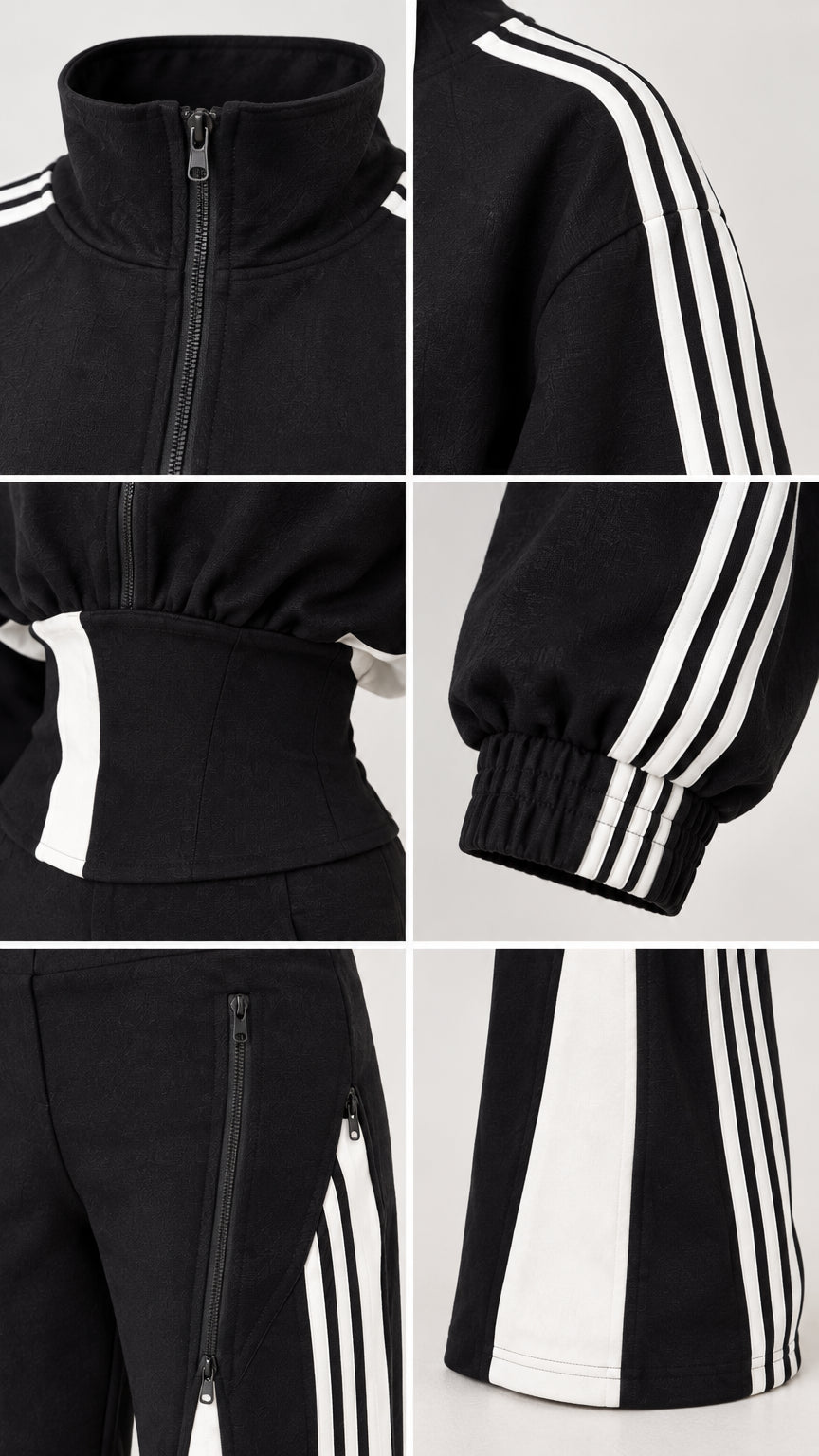 Close-up details of stand collar, zipper pockets, cuffs, and contrast hem on black tracksuit