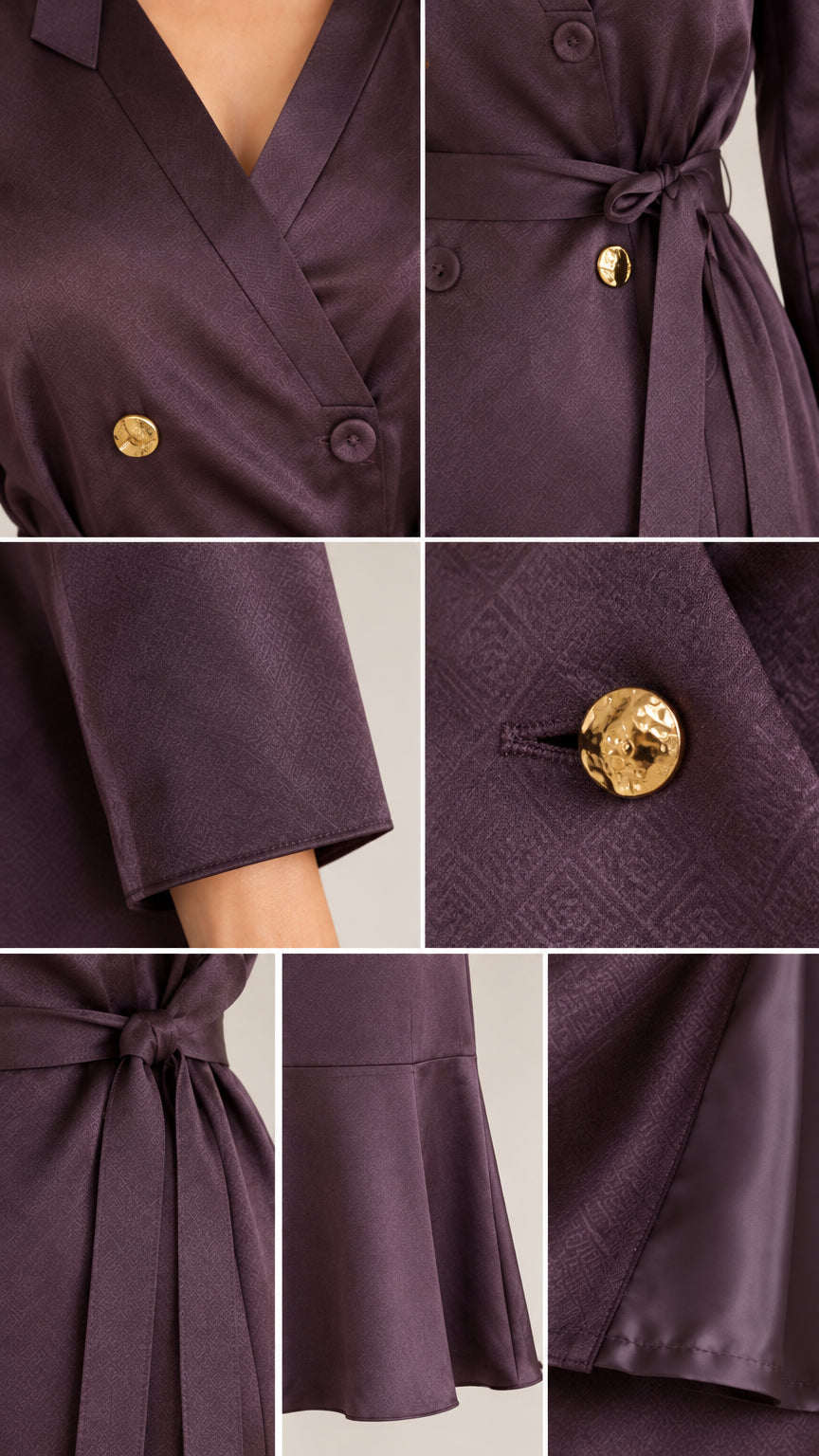 Close-up details of gold buttons, lapel collar, tie belt, and fabric texture