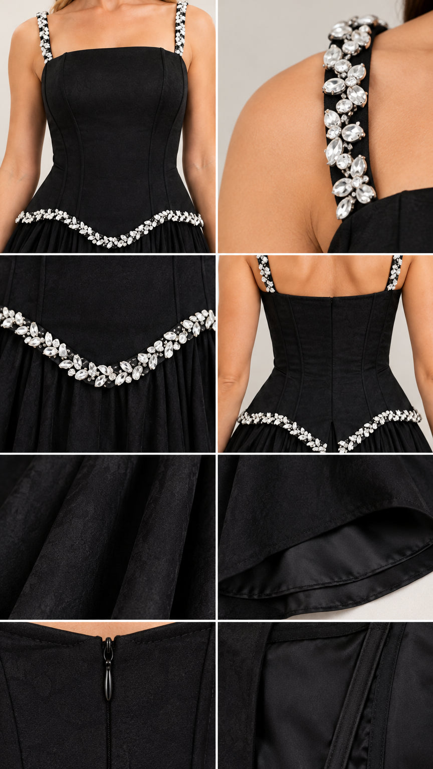 Close-up details of crystal rhinestone straps, waist trim, and fabric texture