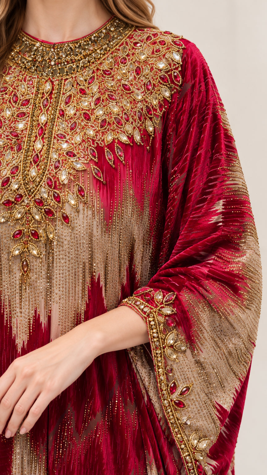Close-up of intricate crystal and rhinestone embellishment on neckline and cuff