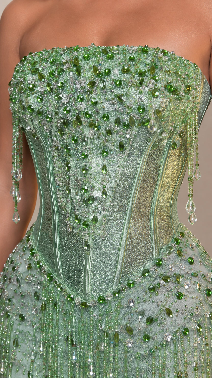 Close-up detail of Mint Green corset boning, gemstone beading, and crystal fringe