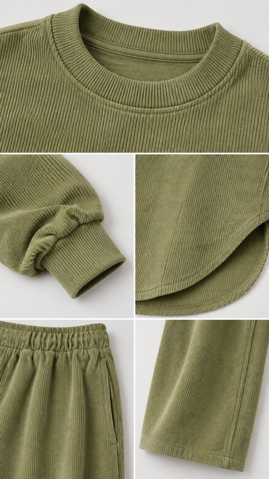 Close-up details of ribbed crewneck collar, sleeve cuff, curved hem, and waistband with pockets