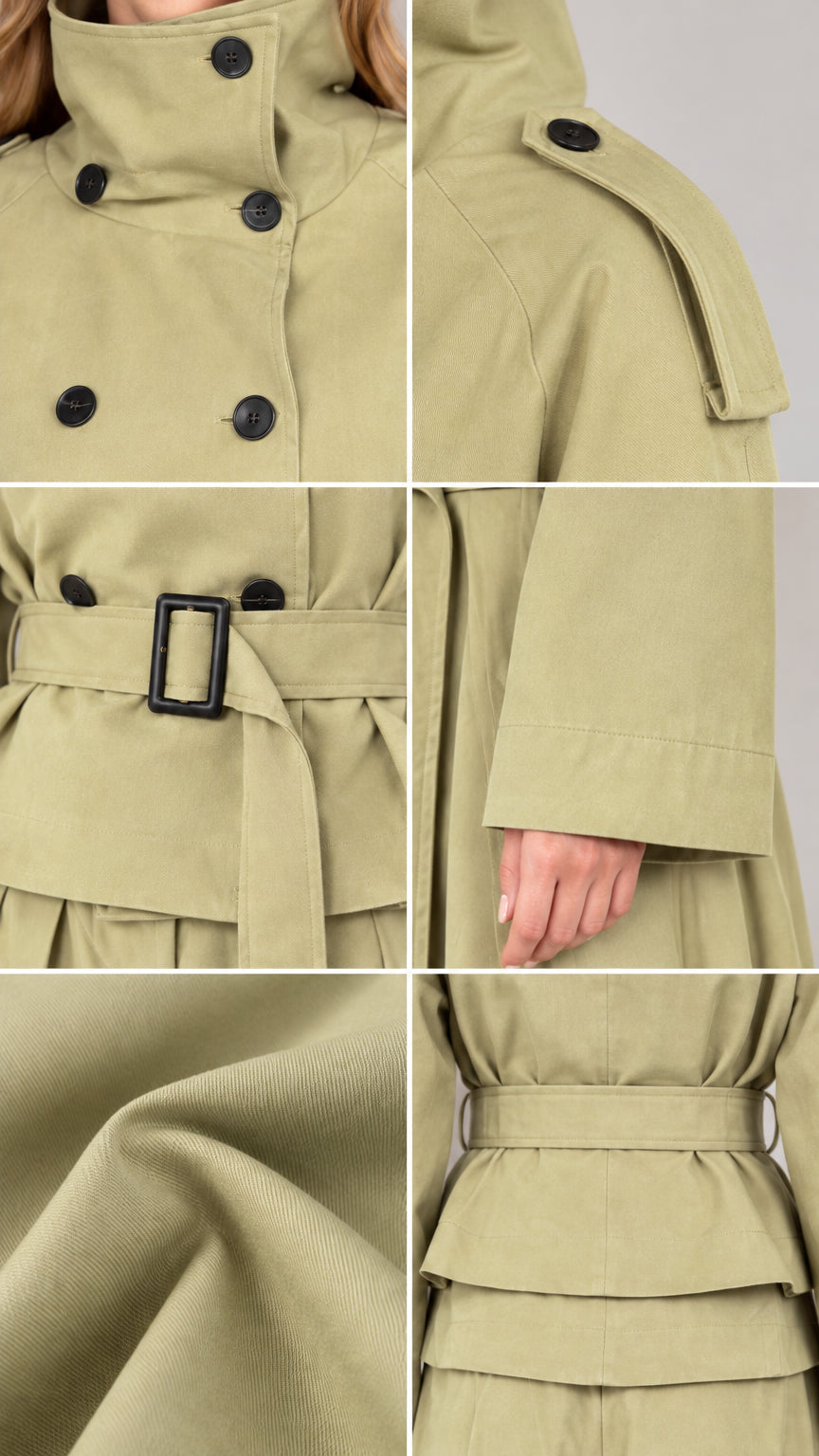 Close-up details of collar buttons, shoulder epaulets, waist belt, and woven fabric