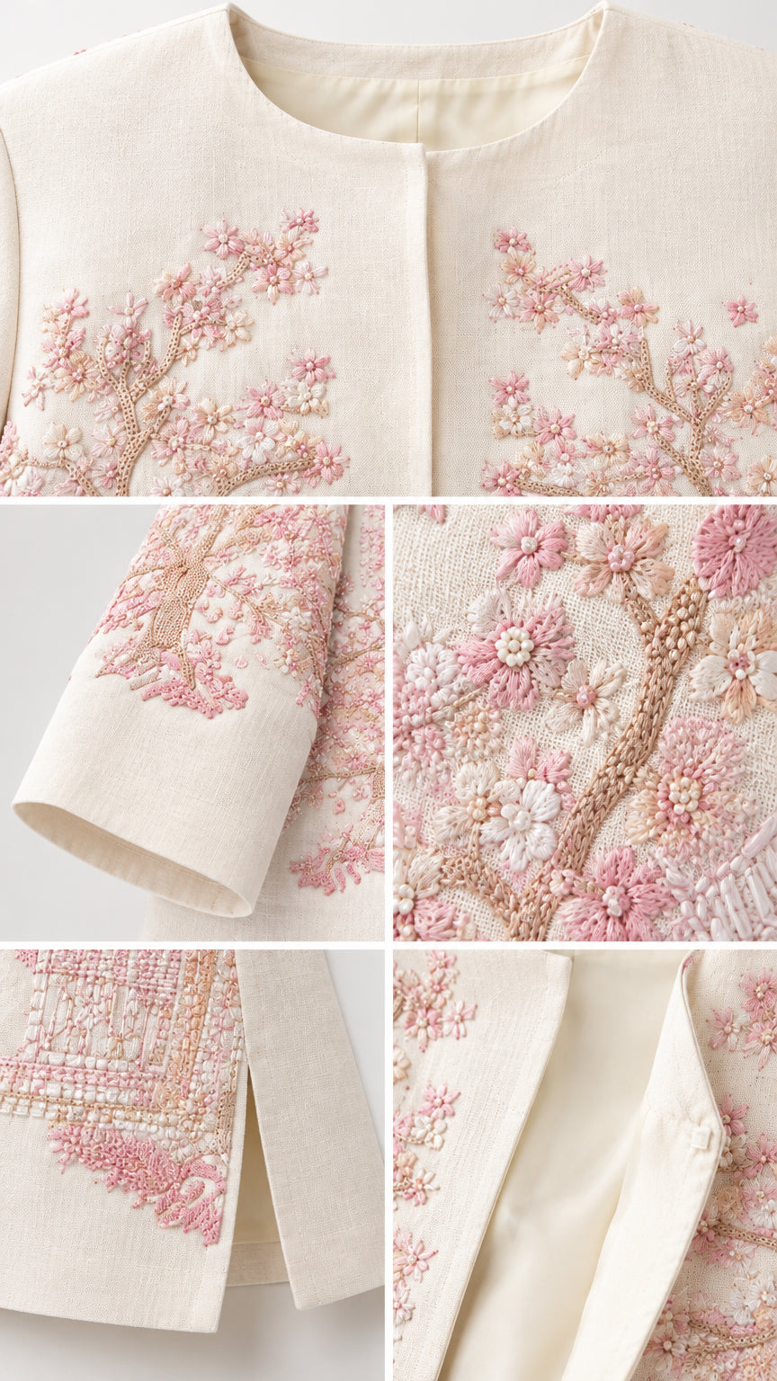 Close-up details of neckline embroidery, sleeve cuff, side slit, and concealed placket lining