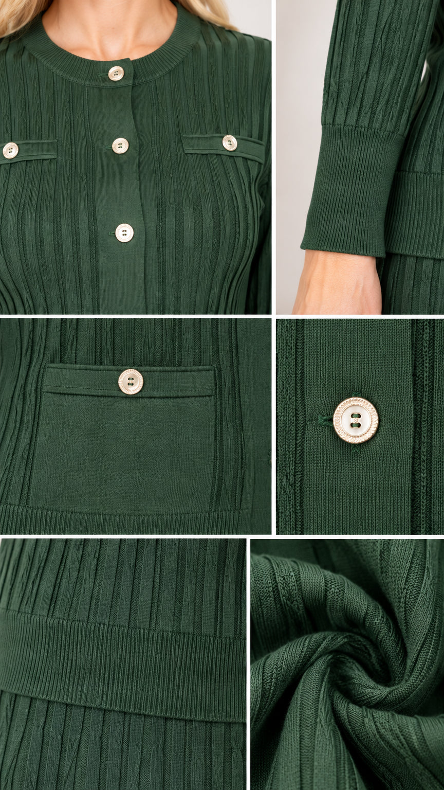 Close-up details of ribbed texture, decorative pockets, and contrast buttons