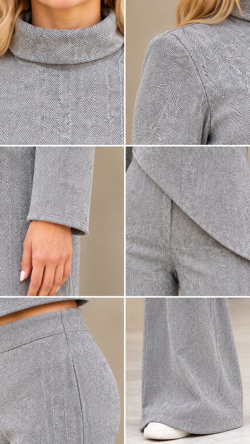 Close-up details of herringbone textured fabric, funnel collar, sleeve cuffs, and waistband