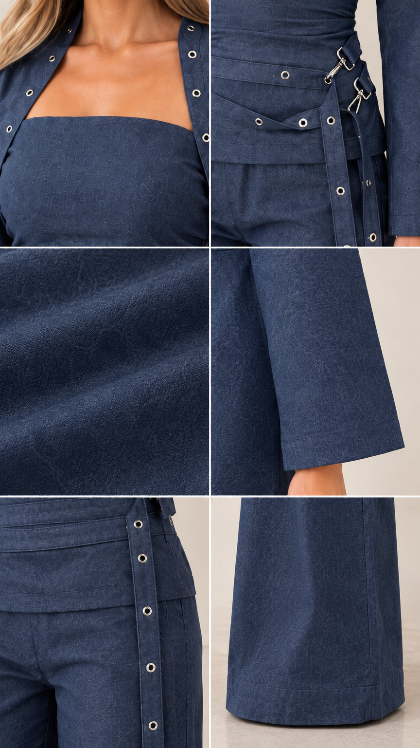 Close-up details of fabric texture, grommet trim, and belt hardware on the navy blue set