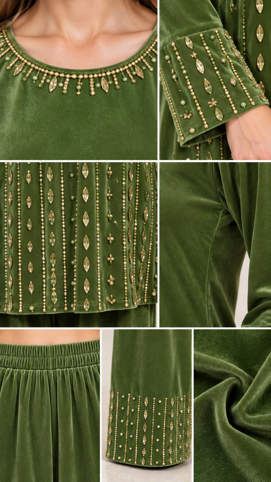 Close-up details of rhinestone neckline, beaded cuffs, fabric texture, and elastic waistband on green velvet set