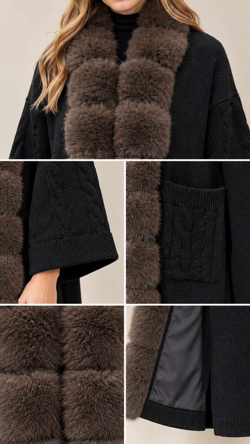 Close-up details of faux fur trim, cable knit sleeves, pocket, and interior lining