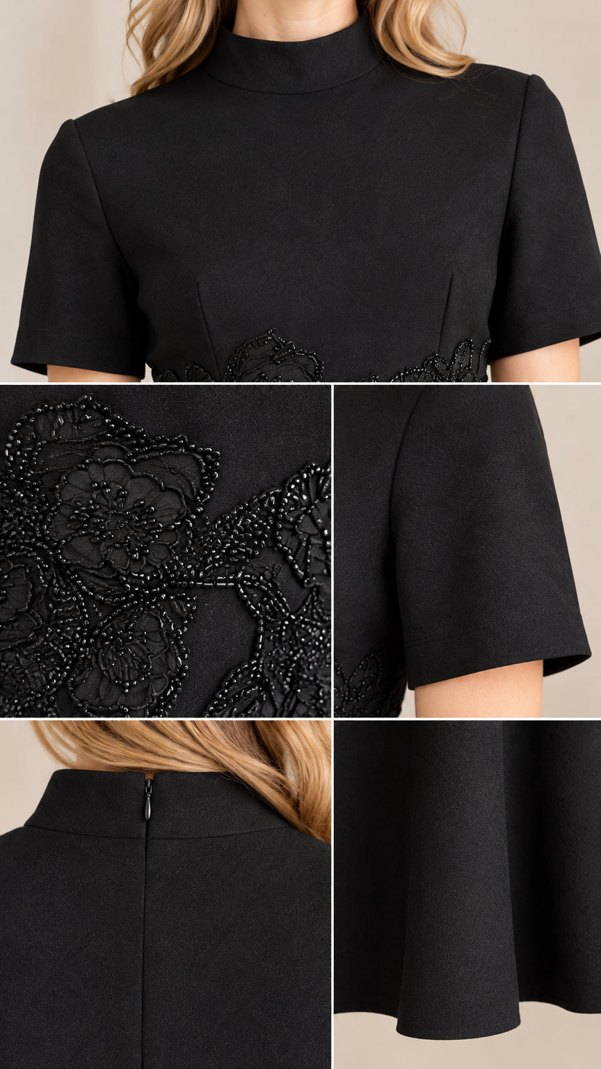 Close-up details of beaded floral embroidery, mock neckline, and hem finish on black dress
