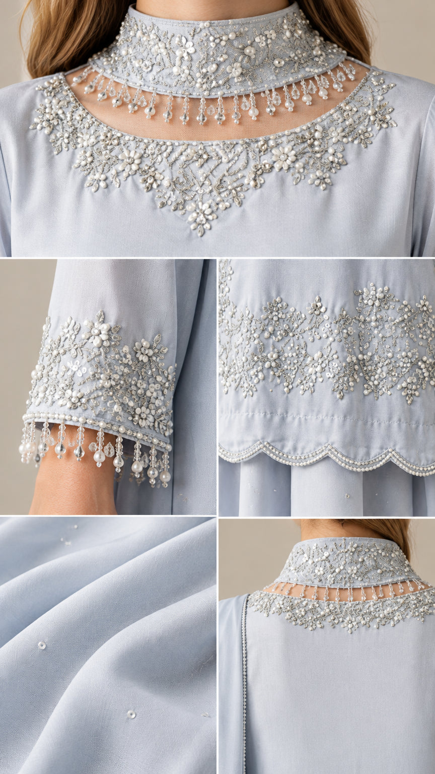 Close-up details of beaded illusion collar, scalloped hem embroidery, and sleeve cuffs