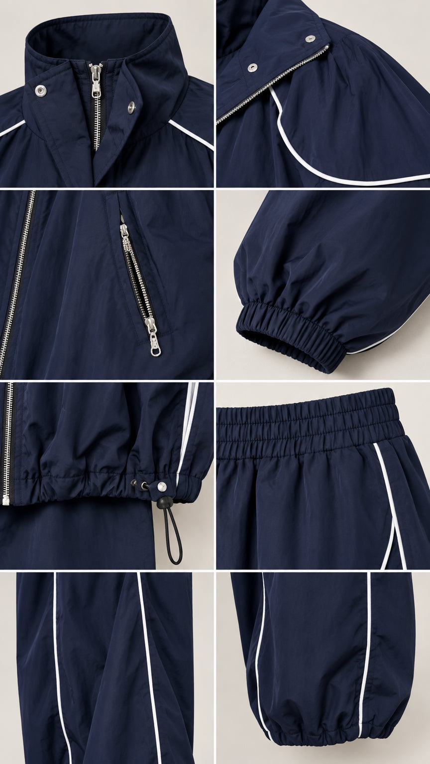 Close-up details of navy tracksuit including stand collar, zipper pockets, drawstring hem, and piping
