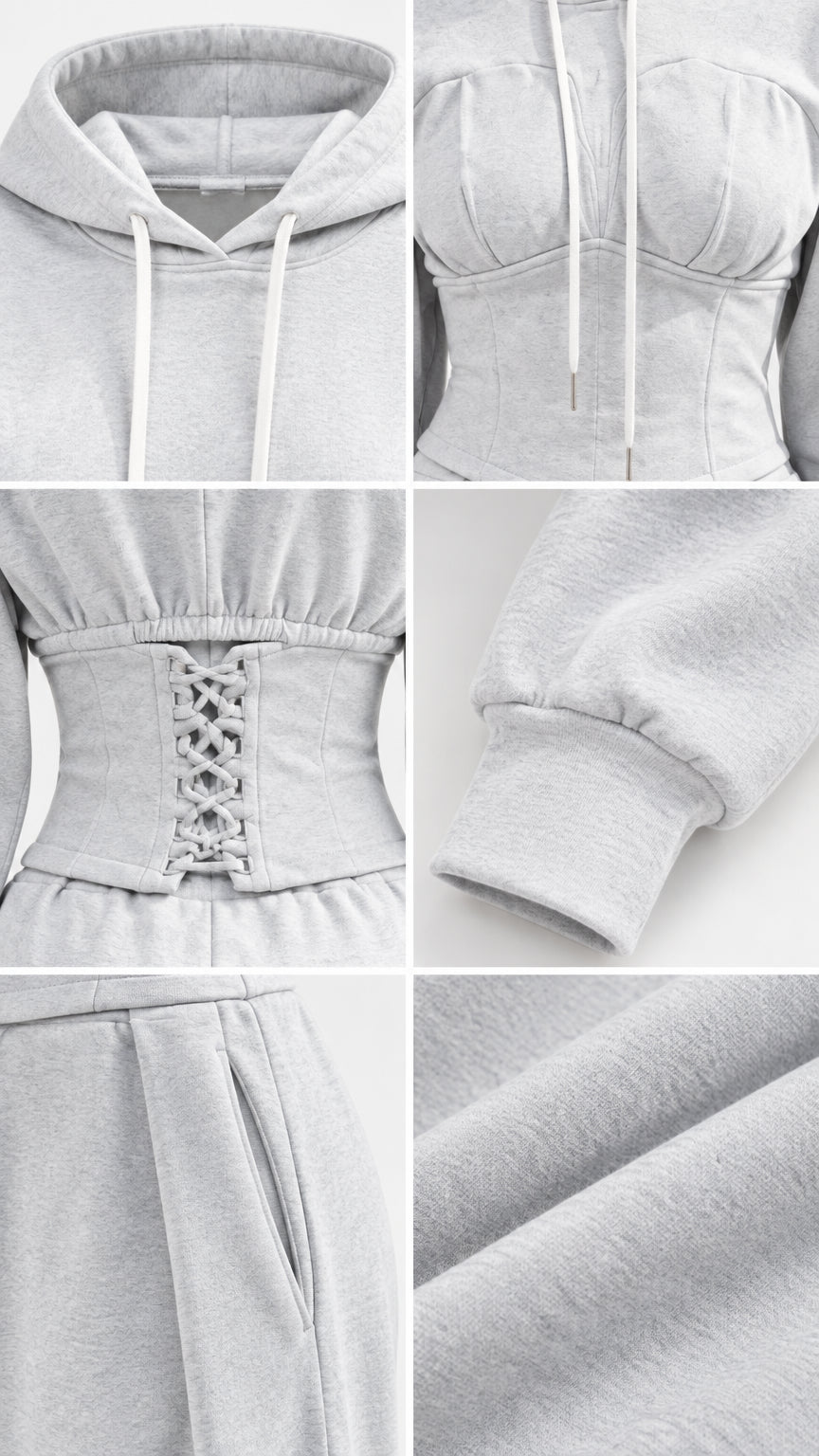 Close-up details of hood drawstrings, corset seams, lace-up back, cuff, and pocket