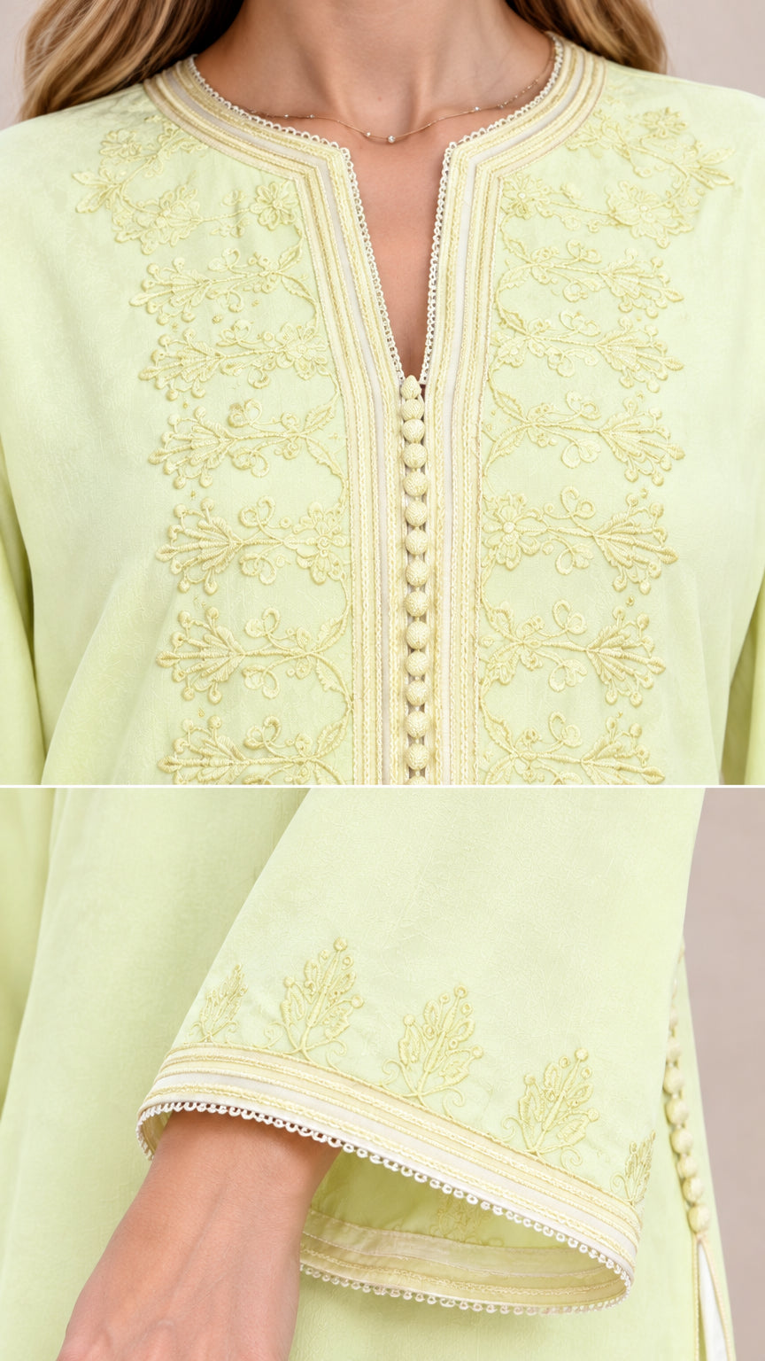 Close up view of intricate embroidery on neckline and bell cuffs