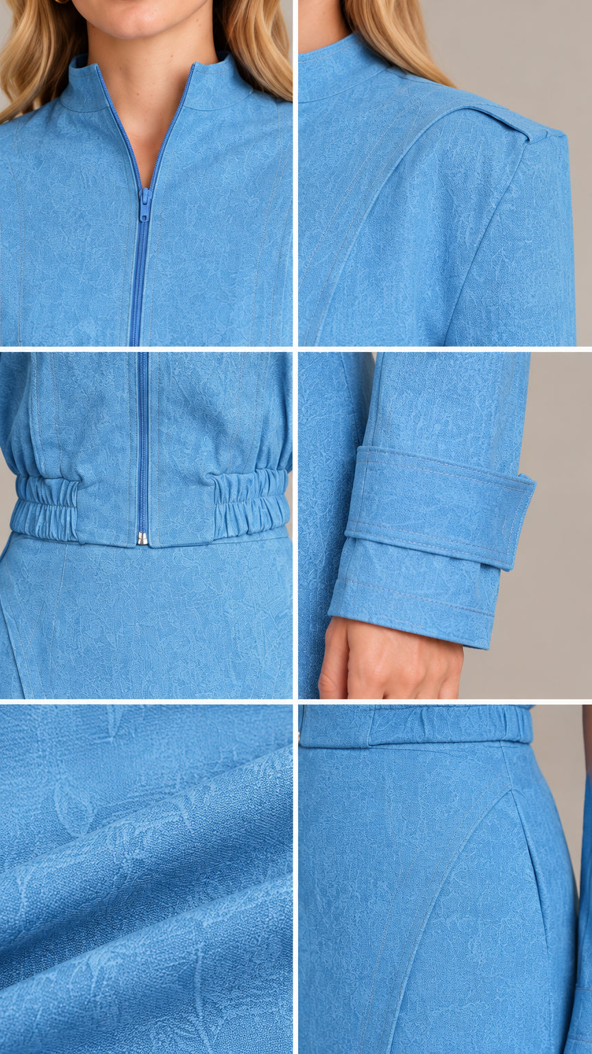 Close-up details of collar, zipper, shoulder epaulette, cuff, and textured fabric