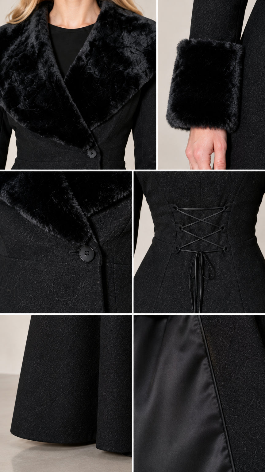 Close-up details of faux fur collar, button closure, cuffs, and inner lining