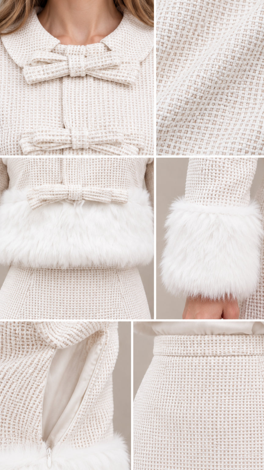 Close-up details of front bow closures, textured weave, and faux fur trim