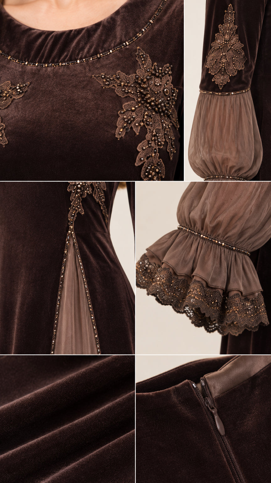 Close-up details of intricate floral embroidery, beading, ruffled cuffs, and concealed zipper