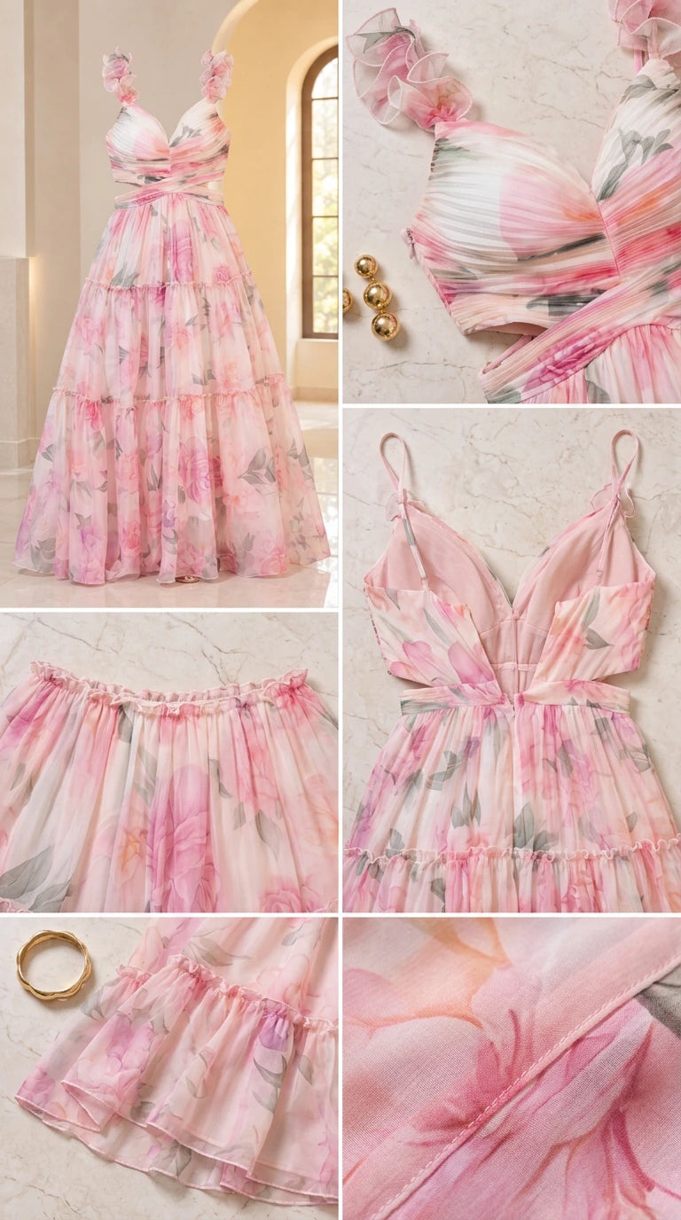 Detailed flat lay shots of Blush Pink floral maxi dress construction and fabric