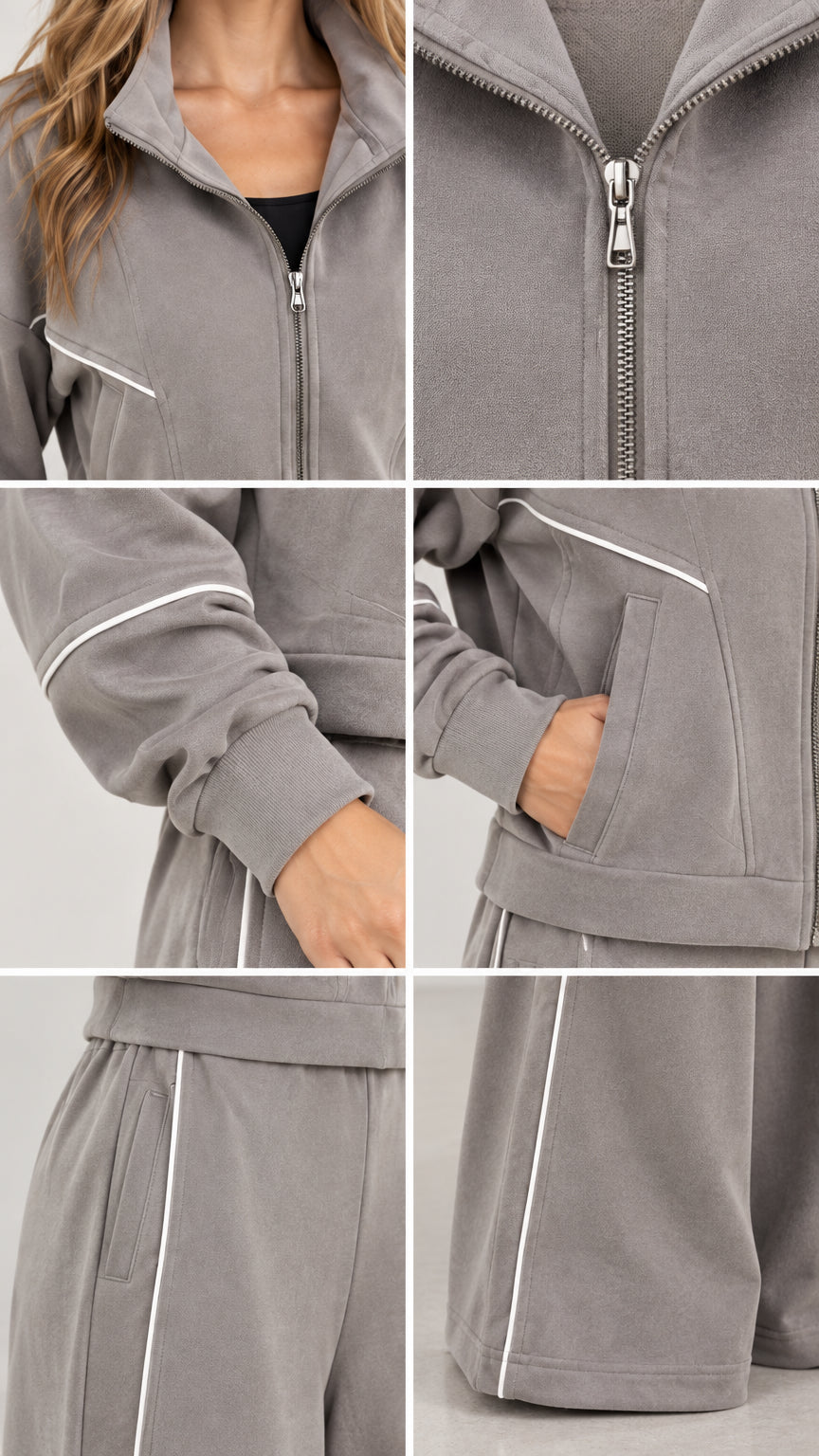 Close-up details of collar, metallic zipper, ribbed cuff, pocket, and side piping