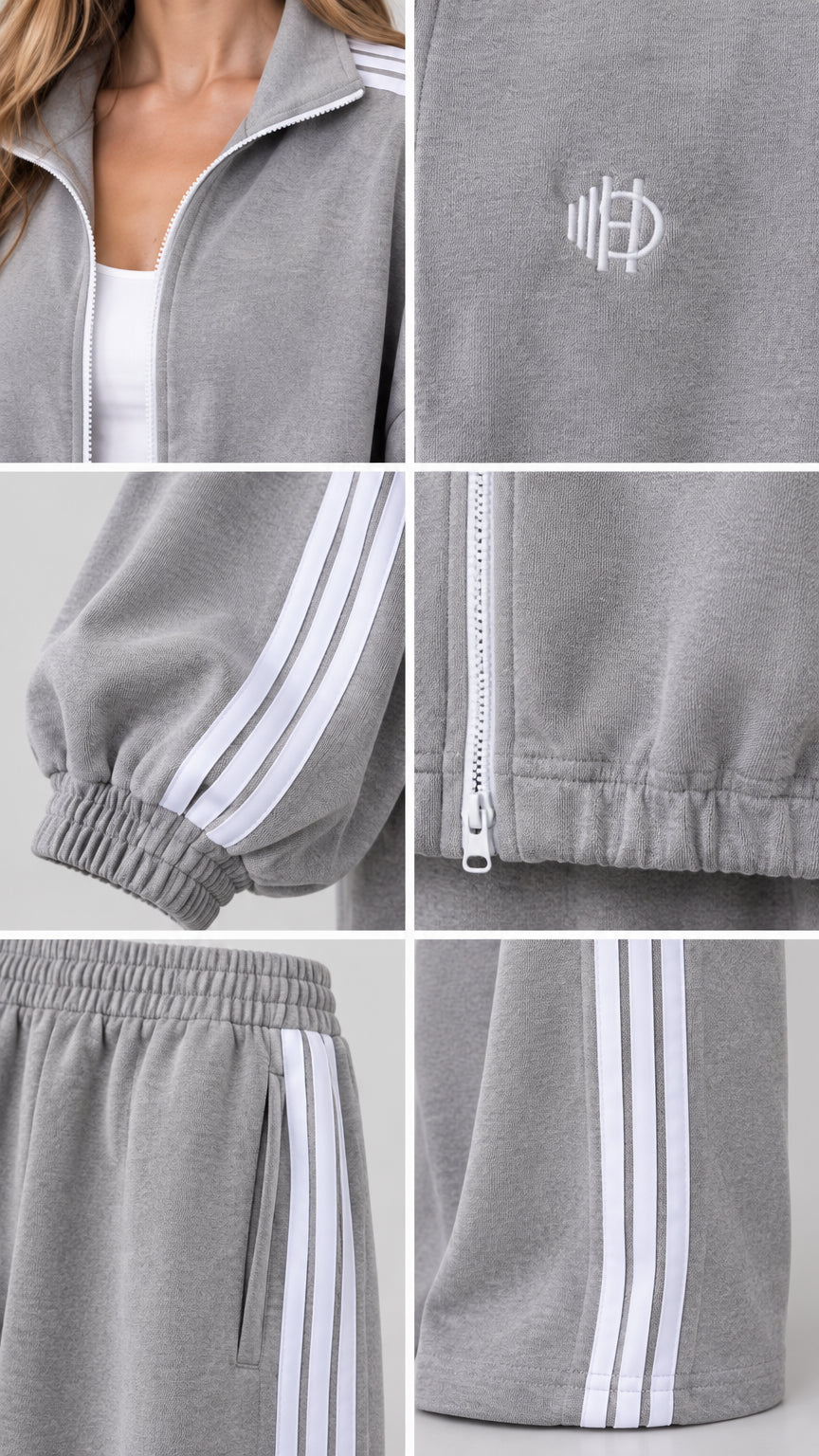 Close-up details of grey tracksuit fabric, collar zipper, chest embroidery, elastic cuff, and pants pocket