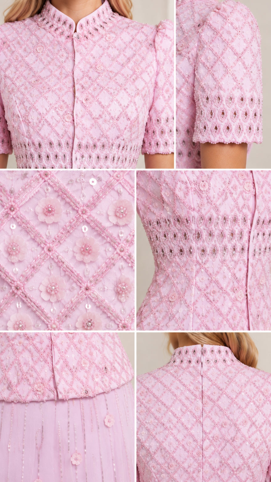 Close-up details of intricate floral embroidery, sequins, and stand collar