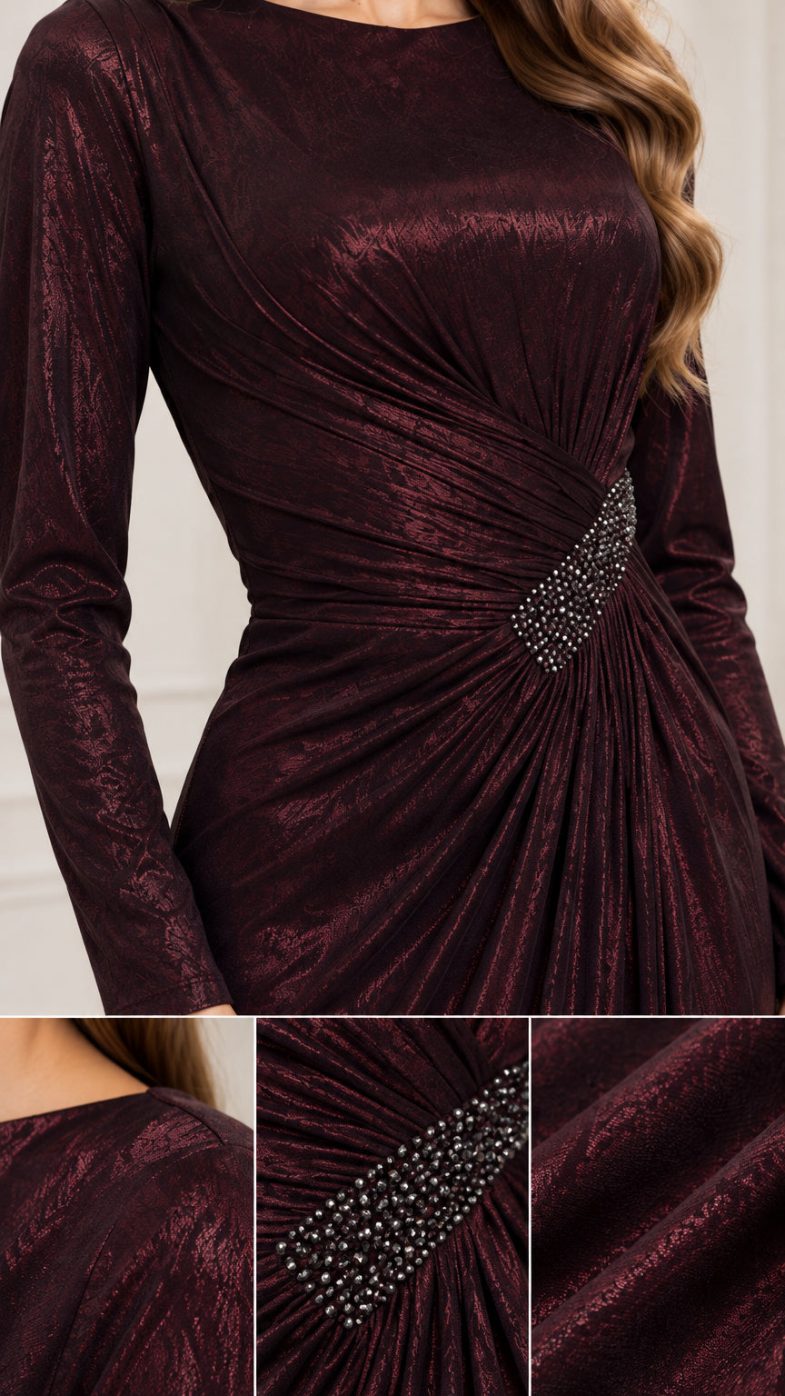 Close-up detail of textured shimmer fabric and beaded crystal waist embellishment