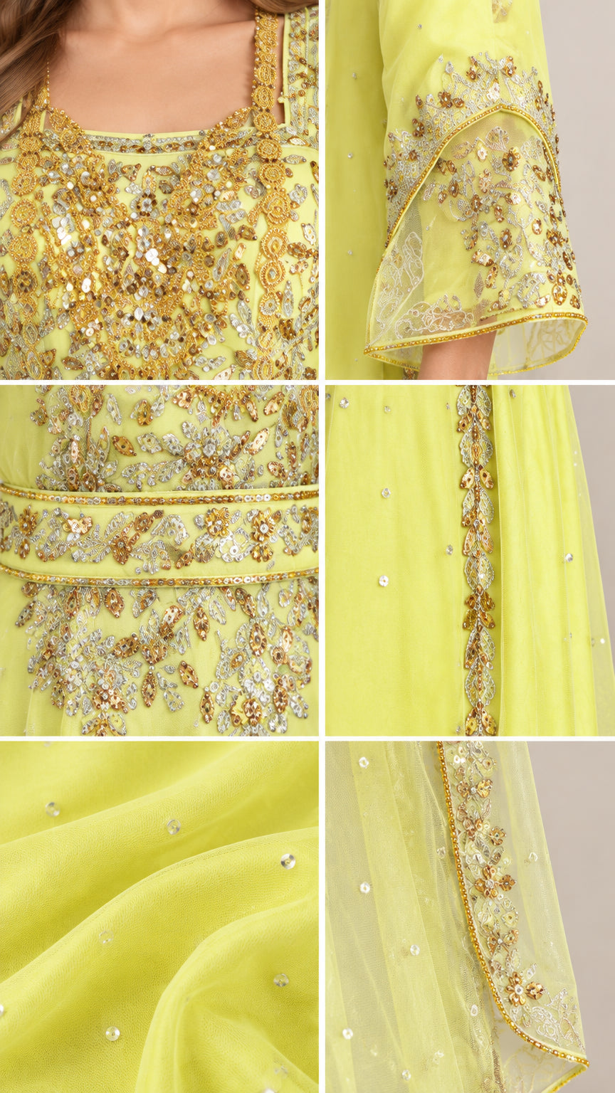 Close-up details of intricate gold embroidery, sequin accents, and bell sleeve cuff