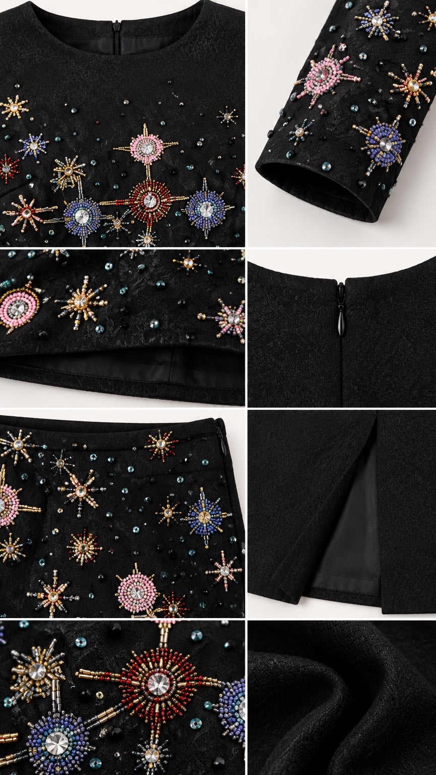 Close-up details of celestial starburst beadwork, zipper, and fabric texture