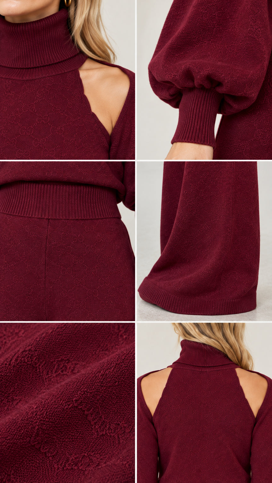 Close-up details of ribbed cuffs, cutout shoulder neckline, and knit fabric texture