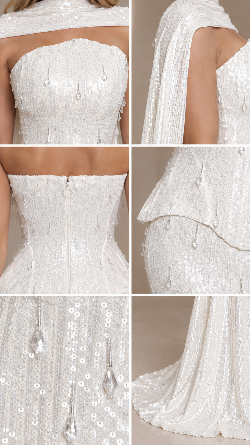 Close-up details of sequin embroidery, beaded crystal accents, and basque waist