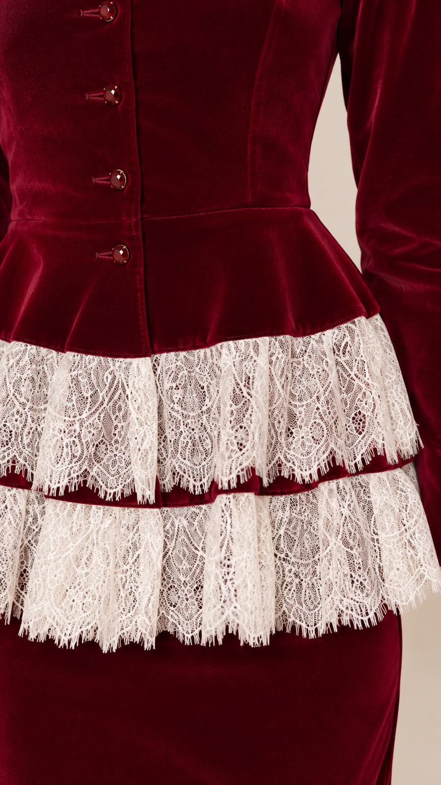 Close-up detail of tiered floral lace trim and button accents on velvet peplum bodice