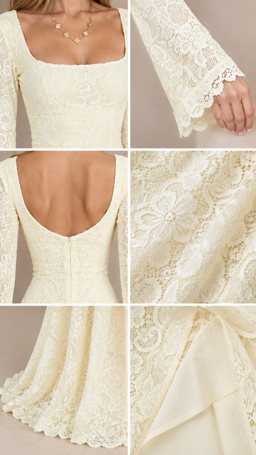 Close-up details of Ivory lace neckline, bell cuffs, back zipper, and hem lining