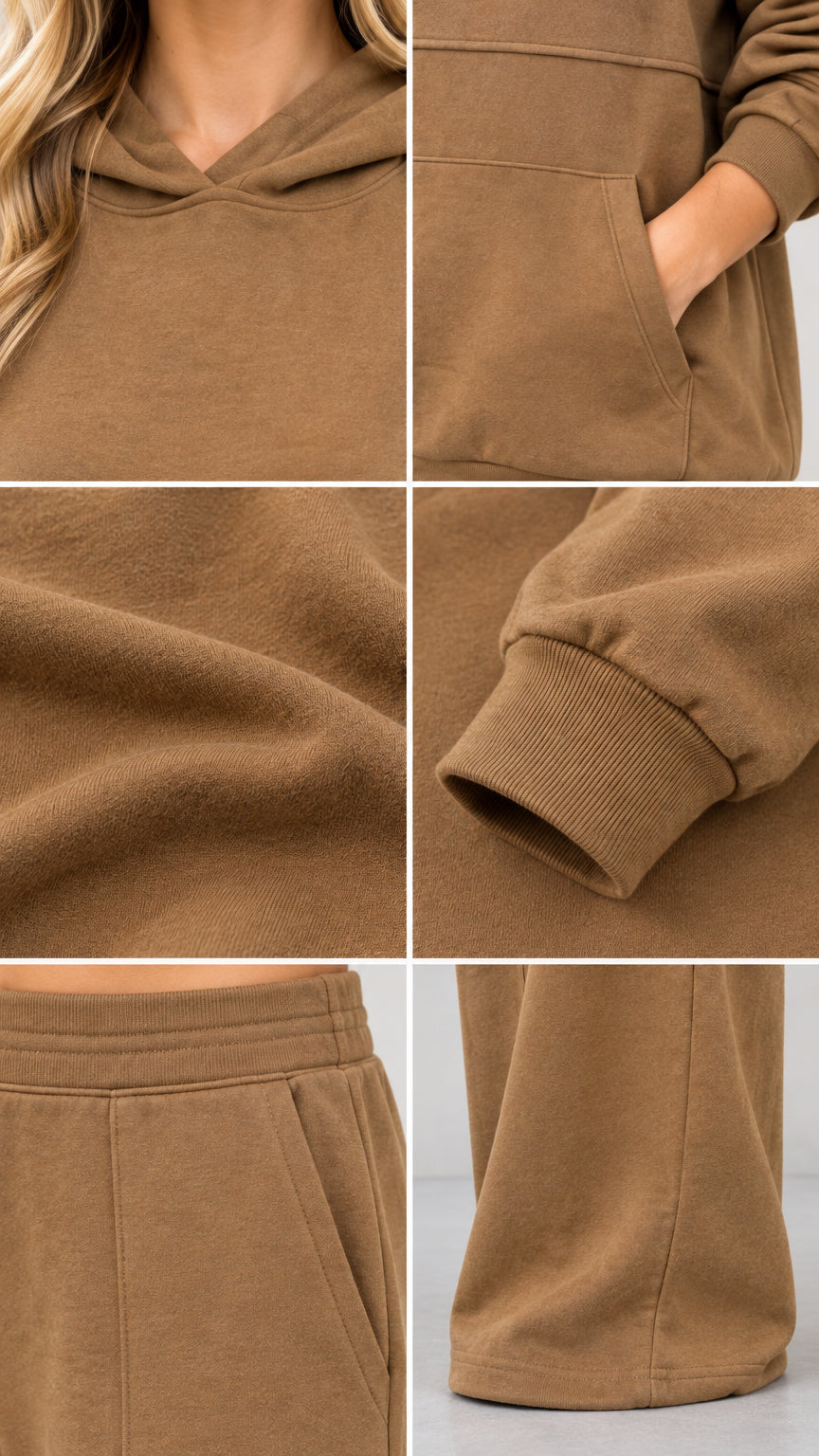 Detailed close-up collage of hood, kangaroo pocket, soft fleece knit texture, ribbed cuff, and pant seam
