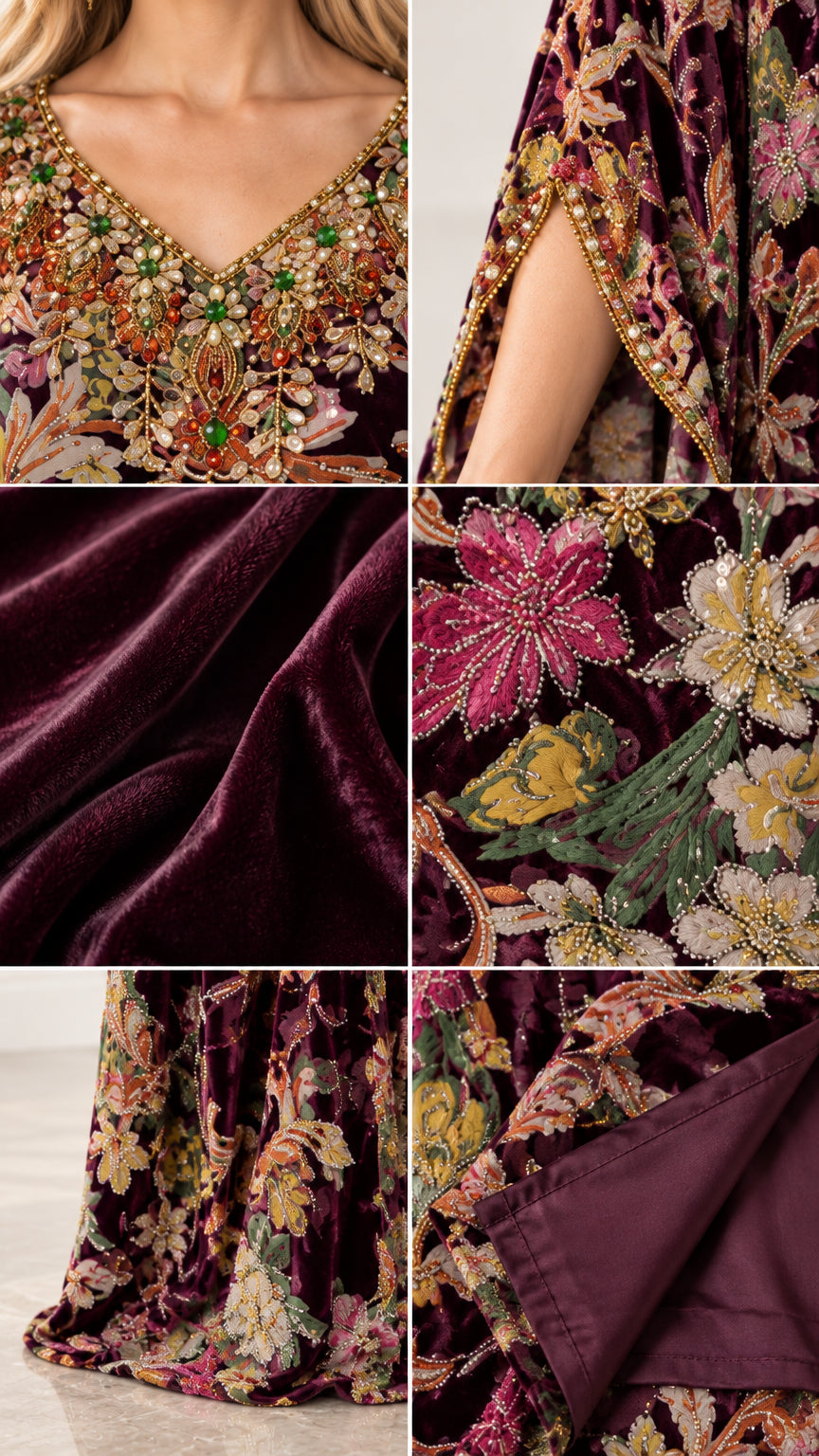Close-up details of beaded V-neckline, slit sleeve trim, velvet fabric, and hem lining