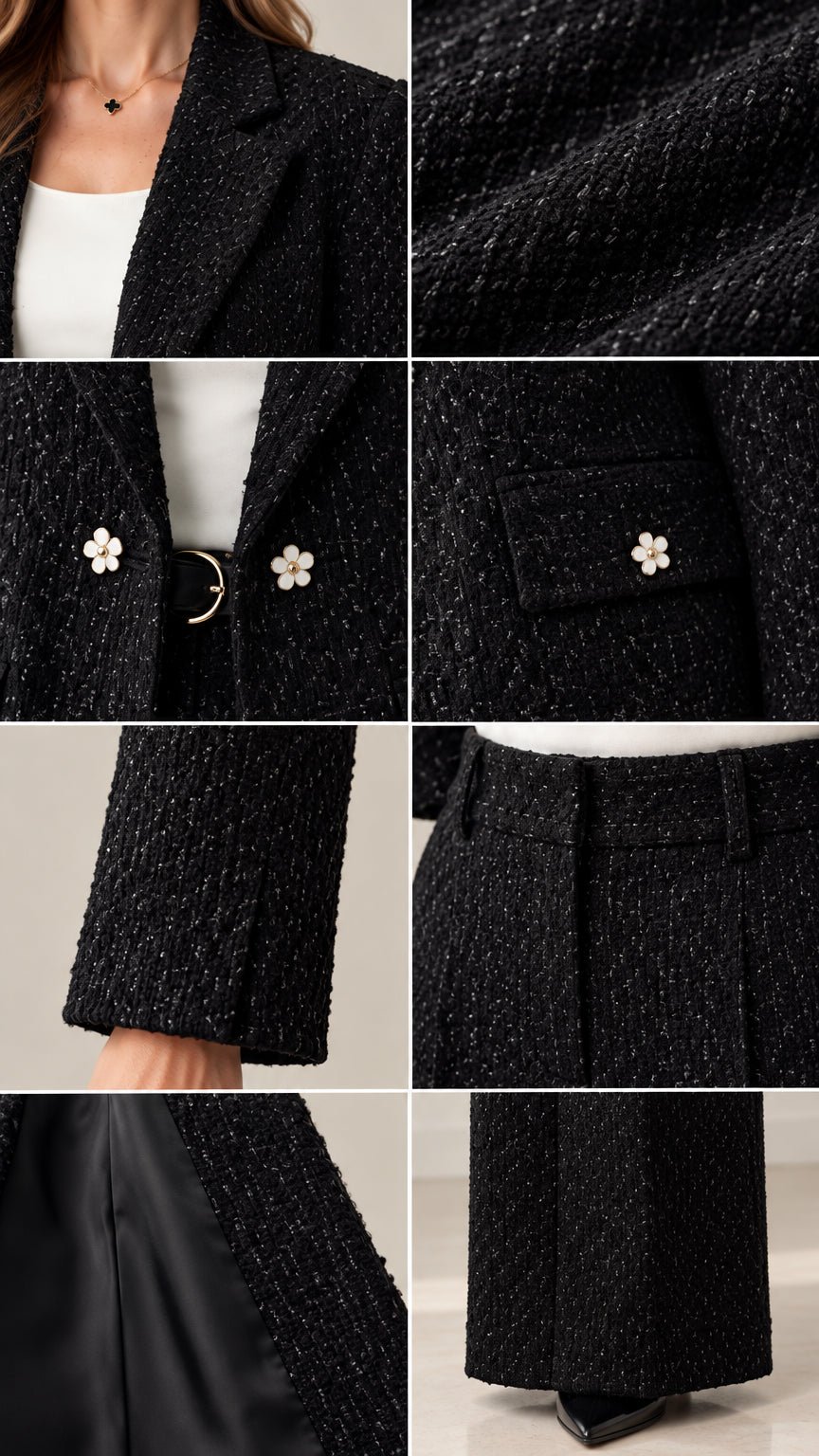Close-up details of black tweed suit showing floral buttons, pocket flap, and slit cuffs