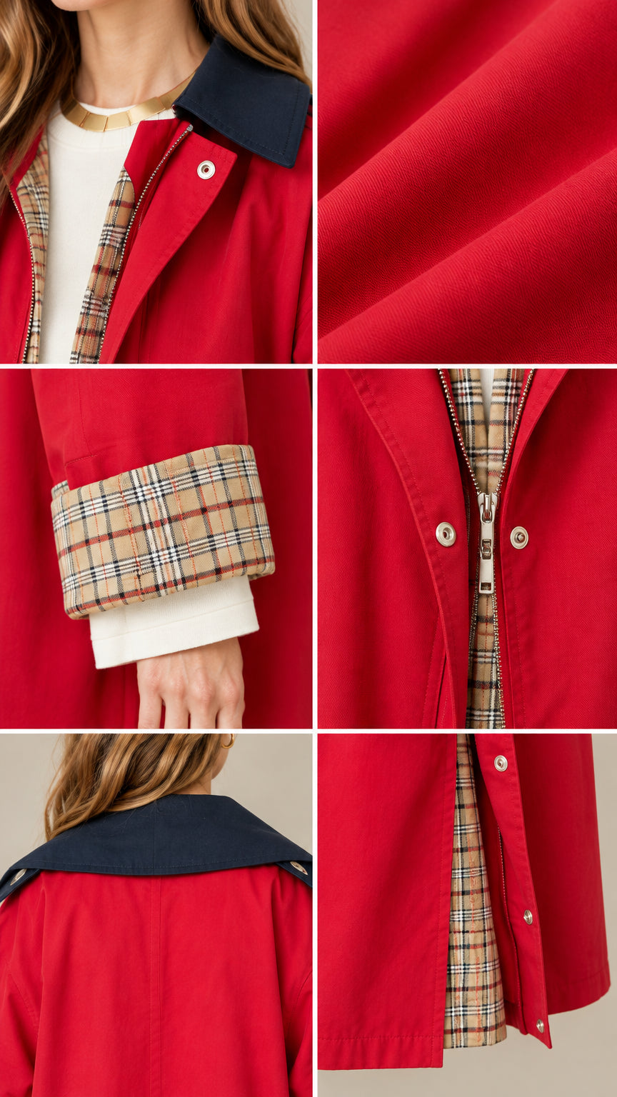 Close-up details of red trench coat collar, fabric weave, plaid cuffs, and button closure