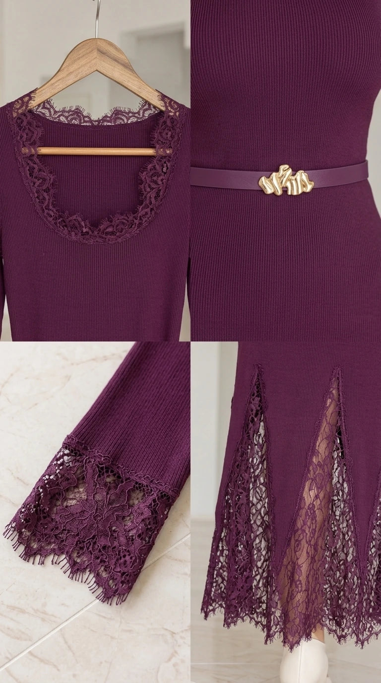 Close-up details of ribbed fabric, lace neckline, belt buckle, and lace cuffs