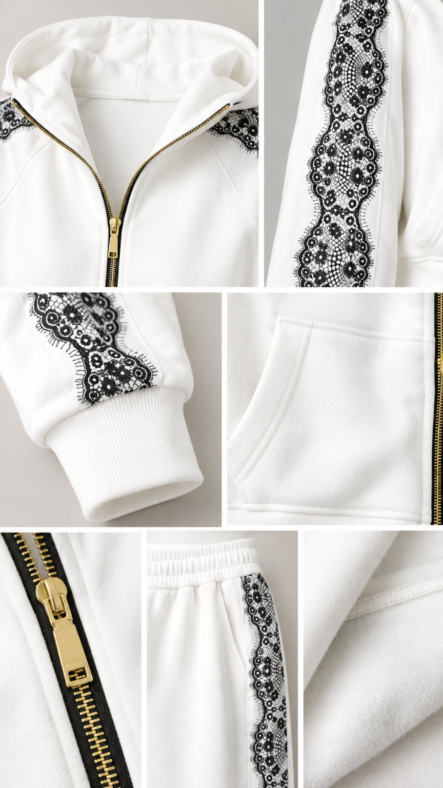 Detailed close-up collage of gold zipper, ribbed cuff, pocket, and lace embroidery