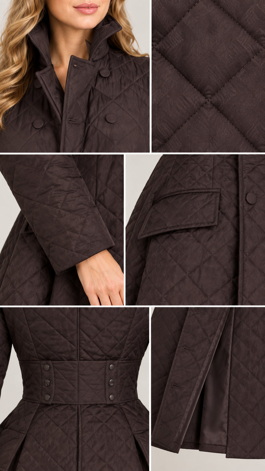 Close-up details of collar, diamond quilting, sleeve cuff, and waist construction