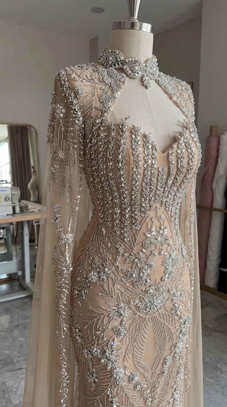 Close-up mannequin detail of champagne gown bodice with intricate crystal beading