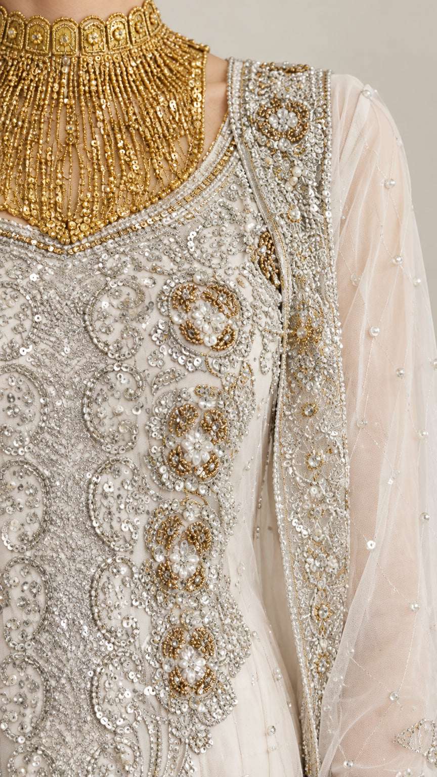 Close-up detail of gold high neck beadwork and sequin embroidery